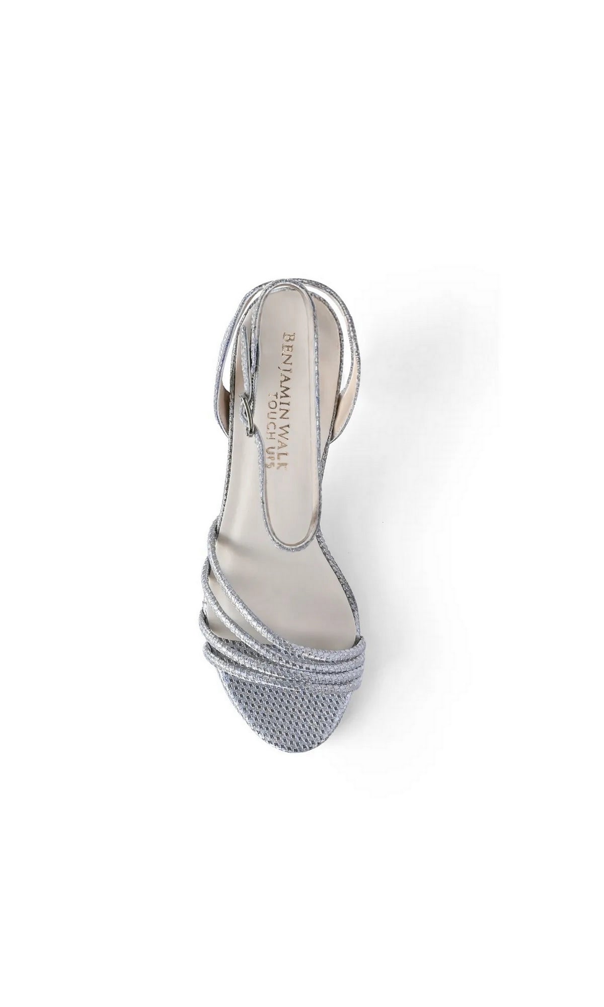 Olive Silver Prom Shoes: Touch Ups 4790 silver glitter strappy kitten-heel sandals with an ankle strap.